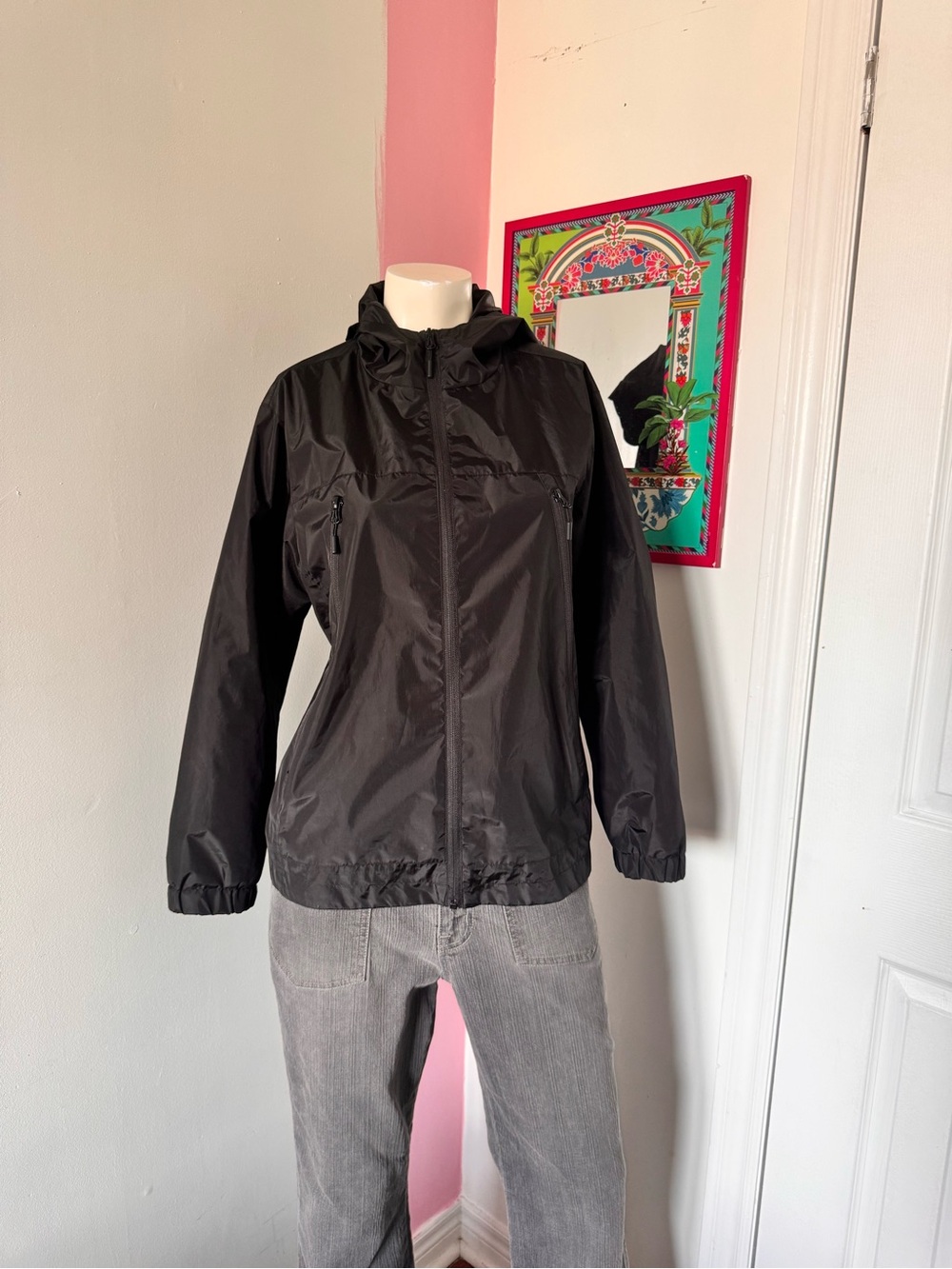 Girl’s Large (14-16) Lightweight Black Hooded Windbreaker Jacket